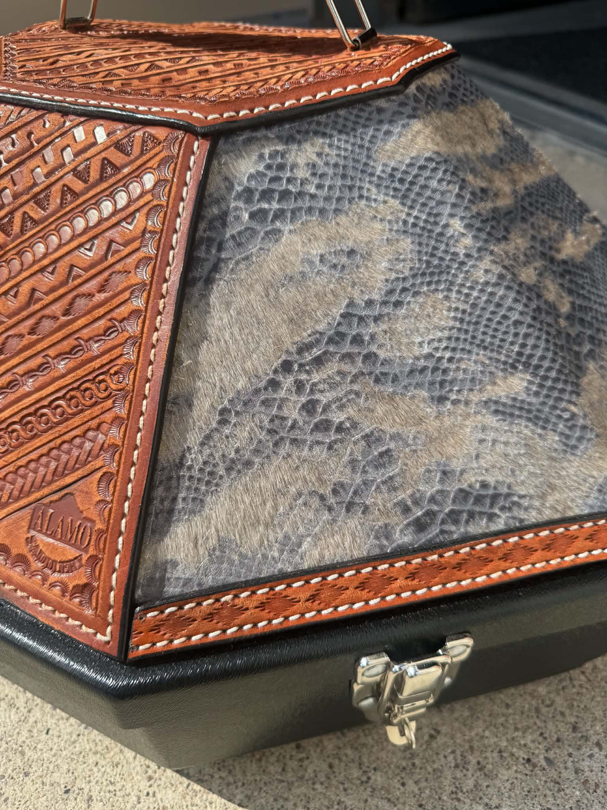 Leather Tooled Hat Can Carrier | Geo Aztec