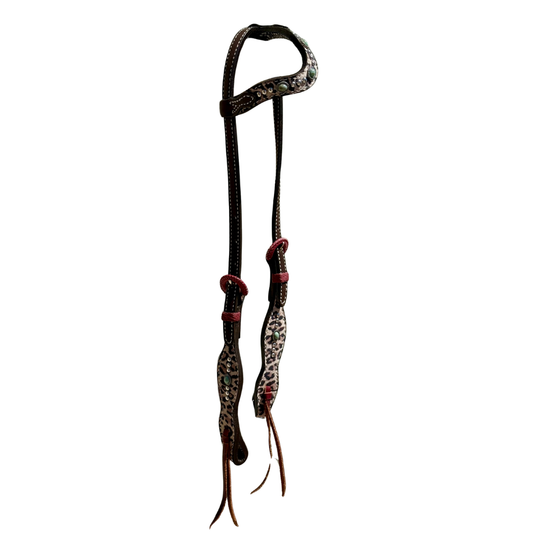 2074-CHEETAH 5/8" Wave one ear headstall rough out golden leather cheetah overlay with stones and spots