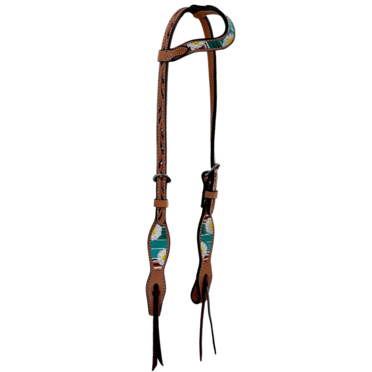 2074-SERAPE DAISY 5/8" Wave one ear headstall golden leather floral tooled with background paint