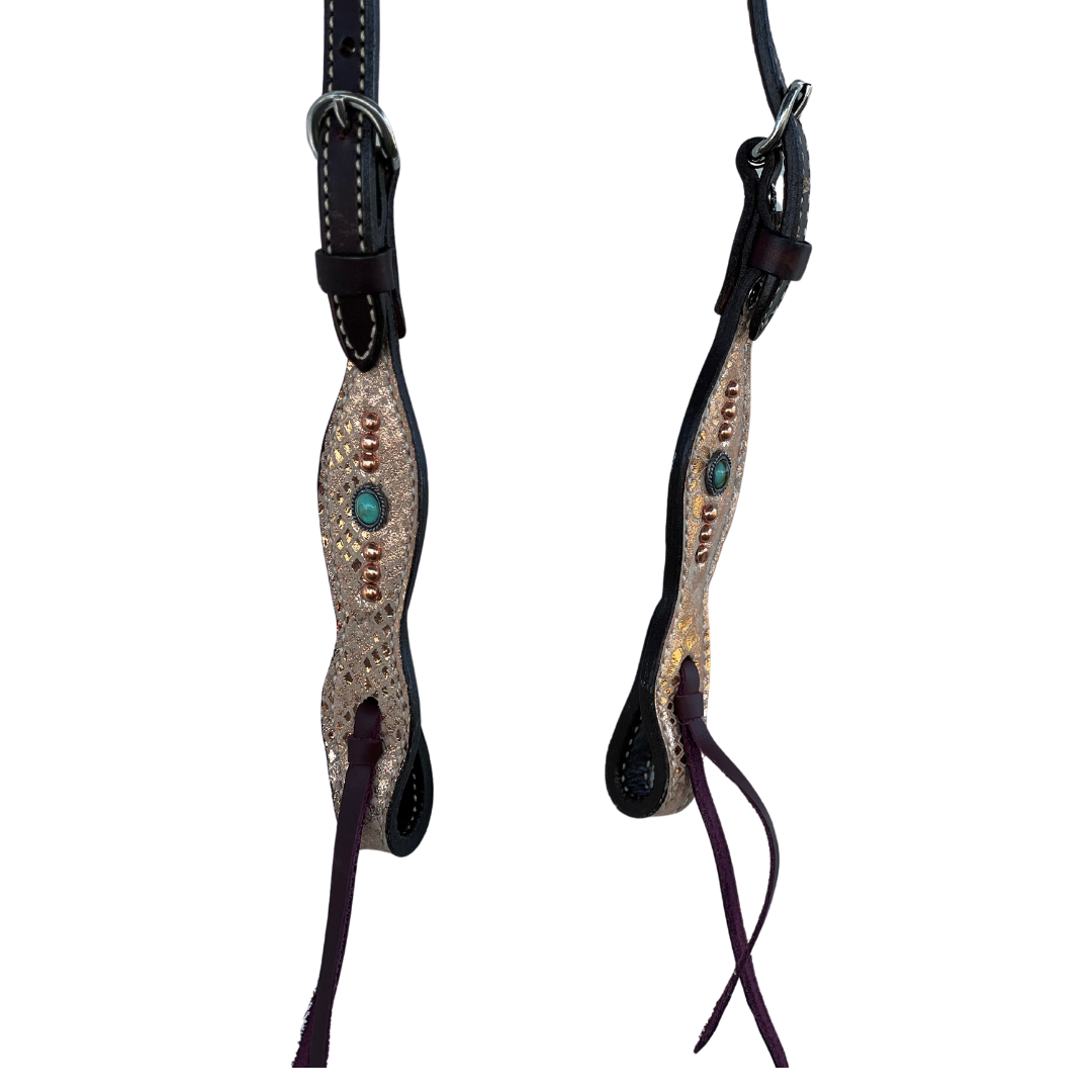 2074- Mystic TP4 5/8" Wave one ear headstall with Mystic Overlay & TP4 Spots