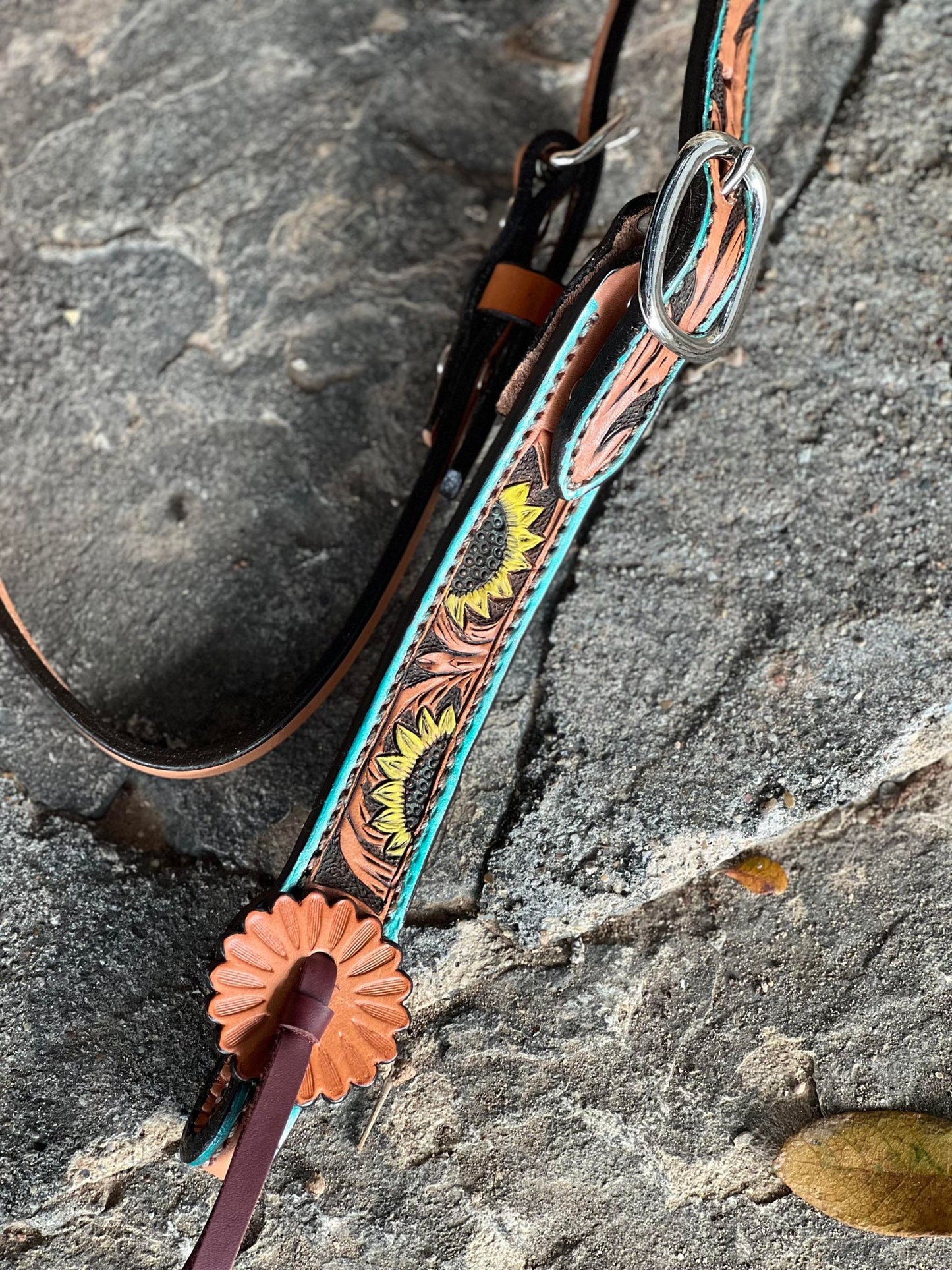 2800-Turquoise Sunflower 1-1/2" Contour browband headstall