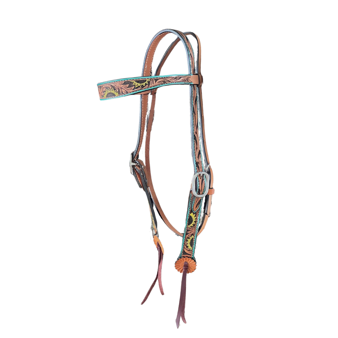 2800-Turquoise Sunflower 1-1/2" Contour browband headstall