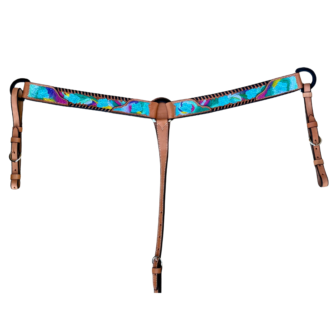 3012-Neon Cowgirl 2" Breast collar w/ neoncolors and floral tool, and black whip stitch braided d-rings