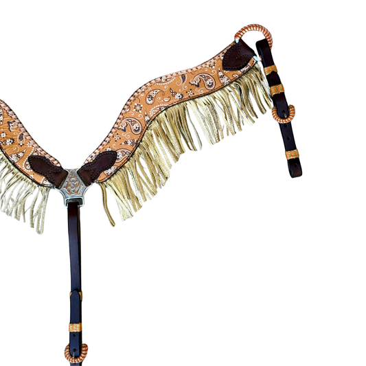 3017-BANDANA ORANGE 2-1/2" Wave breast collar hand bandana tool and silver metallic whip-stitch Fringe