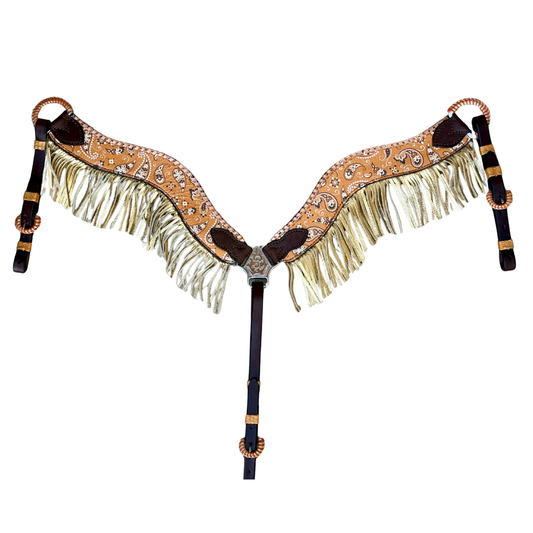 3017-BANDANA ORANGE 2-1/2" Wave breast collar hand bandana tool and silver metallic whip-stitch Fringe