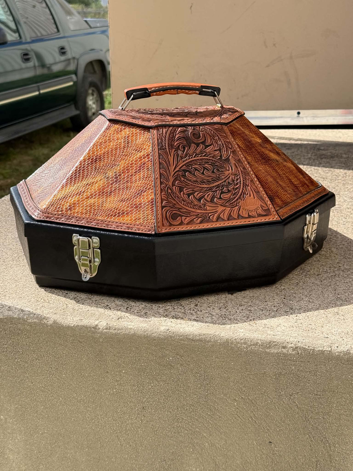 Leather Tooled Hat Can Carrier | Cowboy Feather