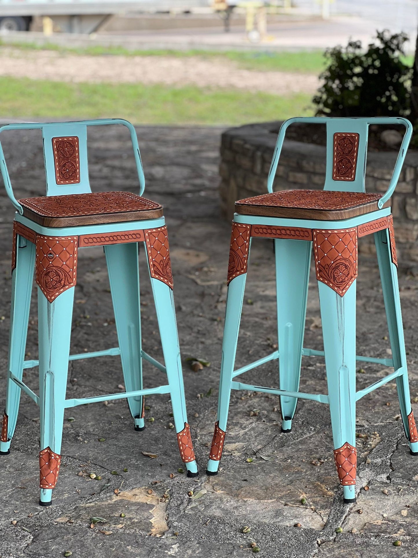 (STOCK) SET OF 2 30" THE COWBOY w/ Turquoise Short Back Bar Stools