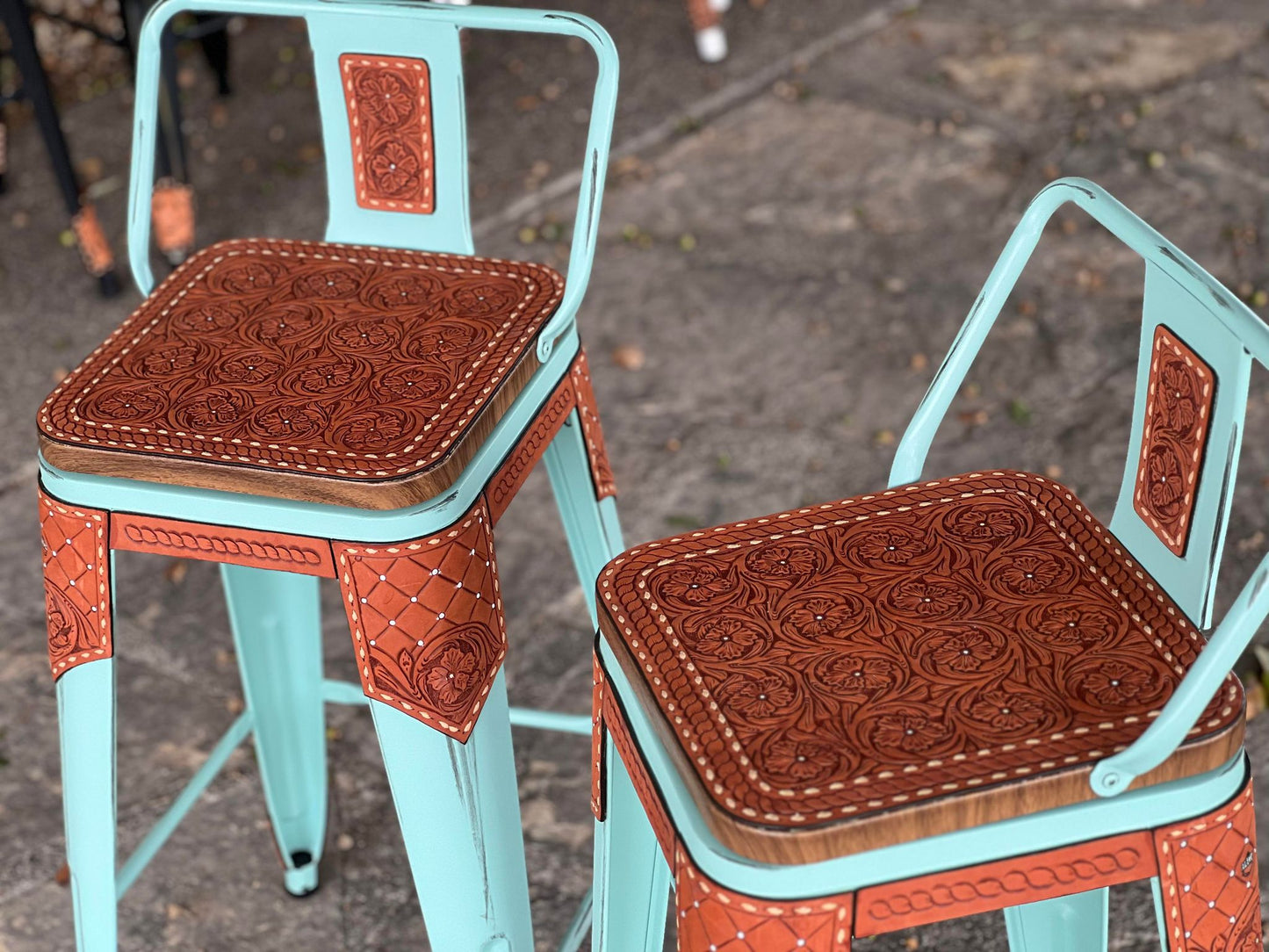 (STOCK) SET OF 2 30" THE COWBOY w/ Turquoise Short Back Bar Stools