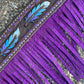 3F23-FEATHER 1-3/4" Contour breast collar chocolate leather multicolored tooled with purple buckstitch & Fringe & Spanish lace hardware