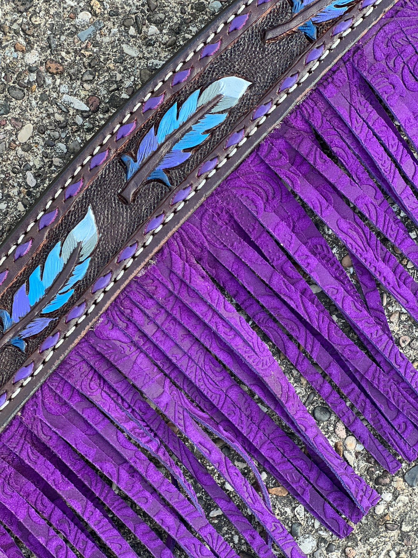 3F23-FEATHER 1-3/4" Contour breast collar chocolate leather multicolored tooled with purple buckstitch & Fringe & Spanish lace hardware