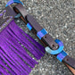 3F23-FEATHER 1-3/4" Contour breast collar chocolate leather multicolored tooled with purple buckstitch & Fringe & Spanish lace hardware