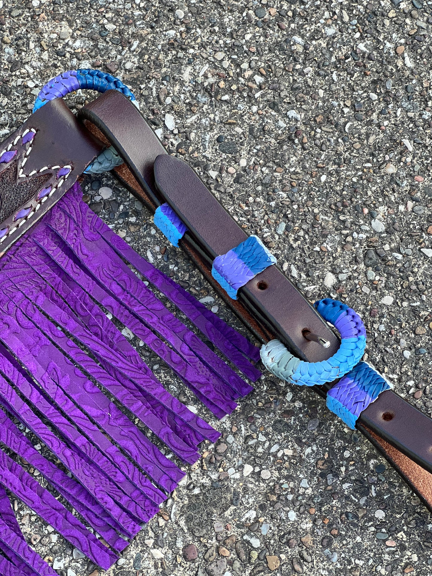 3F23-FEATHER 1-3/4" Contour breast collar chocolate leather multicolored tooled with purple buckstitch & Fringe & Spanish lace hardware