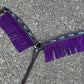 3F23-FEATHER 1-3/4" Contour breast collar chocolate leather multicolored tooled with purple buckstitch & Fringe & Spanish lace hardware