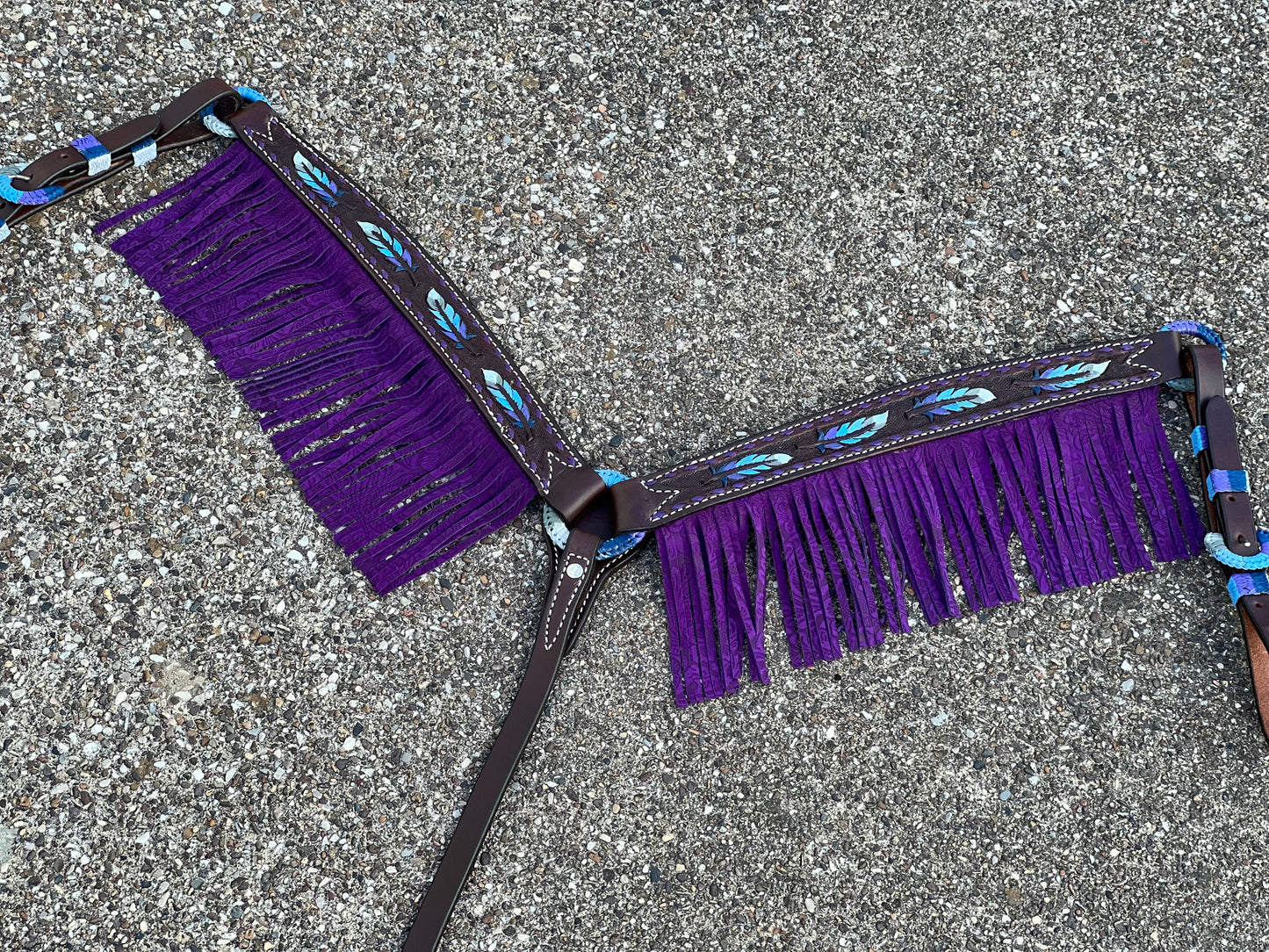 3F23-FEATHER 1-3/4" Contour breast collar chocolate leather multicolored tooled with purple buckstitch & Fringe & Spanish lace hardware