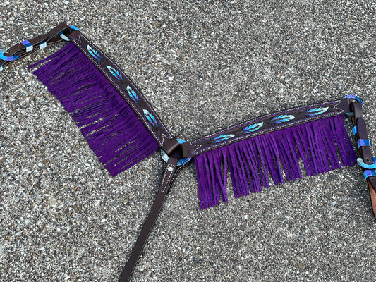 3F23-FEATHER 1-3/4" Contour breast collar chocolate leather multicolored tooled with purple buckstitch & Fringe & Spanish lace hardware
