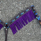 3F23-FEATHER 1-3/4" Contour breast collar chocolate leather multicolored tooled with purple buckstitch & Fringe & Spanish lace hardware