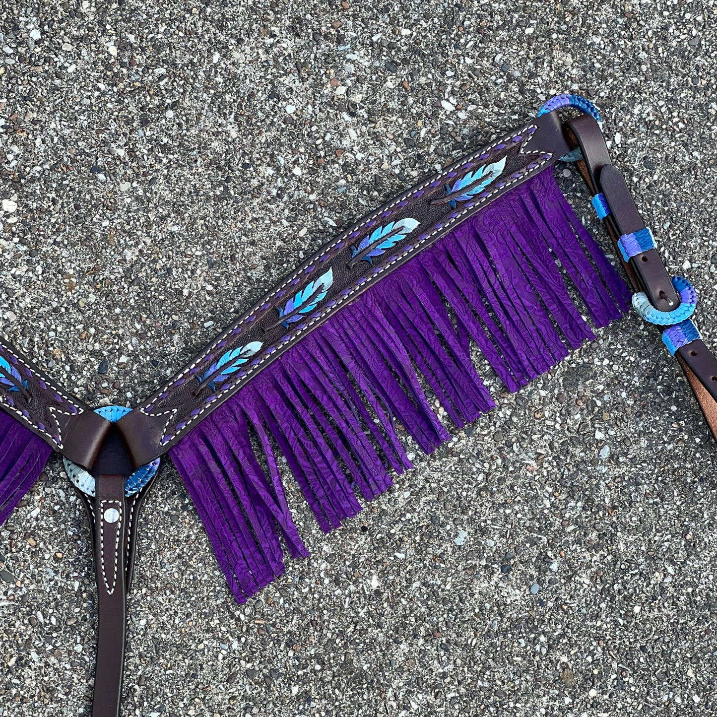 3F23-FEATHER 1-3/4" Contour breast collar chocolate leather multicolored tooled with purple buckstitch & Fringe & Spanish lace hardware