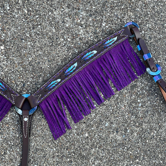 3F23-FEATHER 1-3/4" Contour breast collar chocolate leather multicolored tooled with purple buckstitch & Fringe & Spanish lace hardware