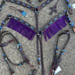 3F23-FEATHER 1-3/4" Contour breast collar chocolate leather multicolored tooled with purple buckstitch & Fringe & Spanish lace hardware