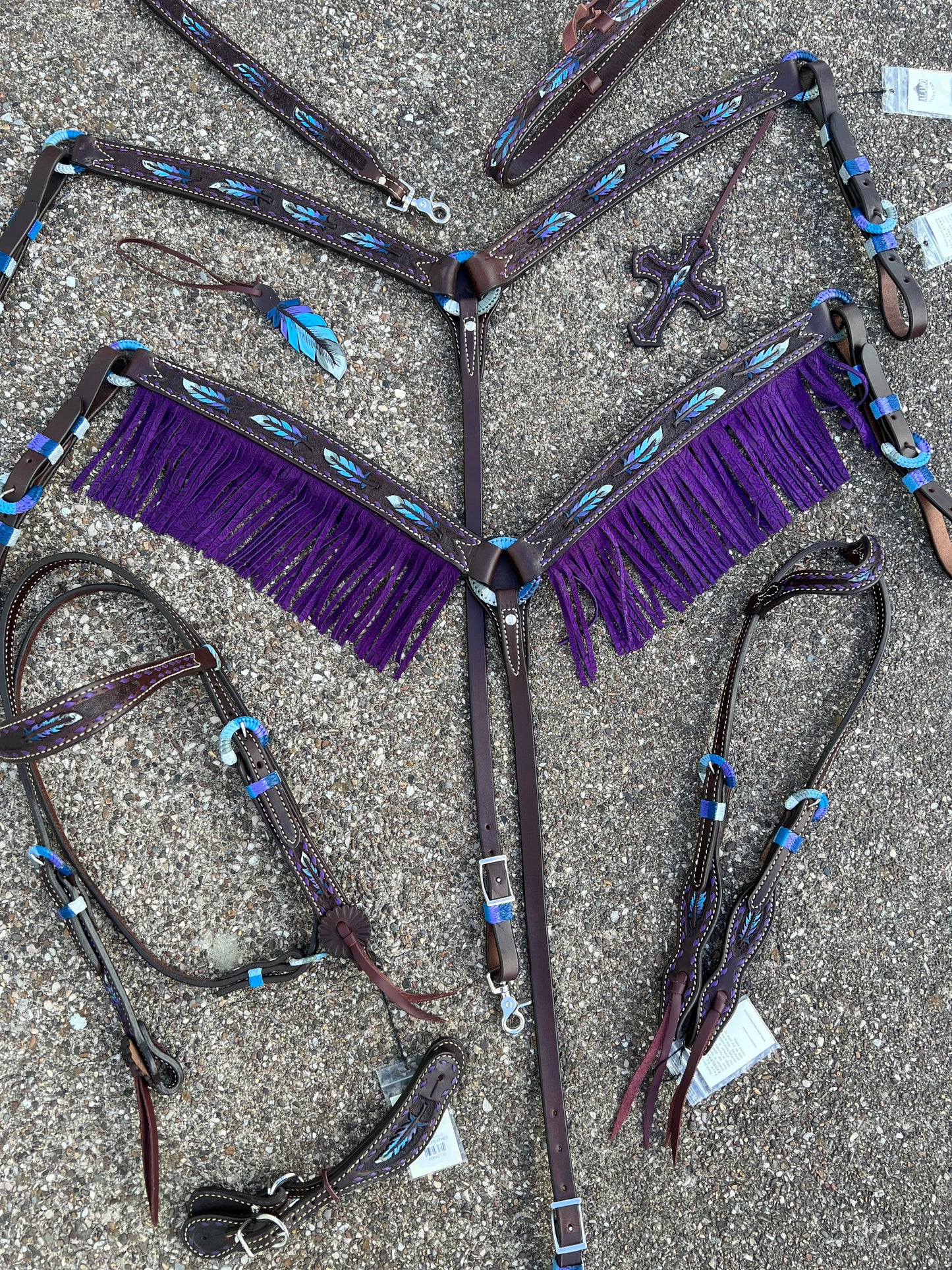 3F23-FEATHER 1-3/4" Contour breast collar chocolate leather multicolored tooled with purple buckstitch & Fringe & Spanish lace hardware