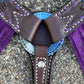 3F23-FEATHER 1-3/4" Contour breast collar chocolate leather multicolored tooled with purple buckstitch & Fringe & Spanish lace hardware