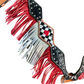 3F46- 2024 Vegas ACE 2-1/2" Diamond breast collar w/ black gator, tooled ace with checkers, with SS spots, red and silver metallic fringe WITH FREE MATCHING ONE EAR