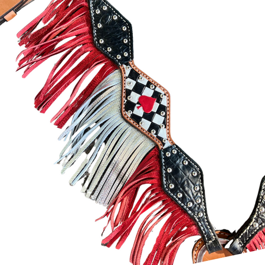 3F46- 2024 Vegas ACE 2-1/2" Diamond breast collar w/ black gator, tooled ace with checkers, with SS spots, red and silver metallic fringe