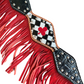 3F46- 2024 Vegas CLUB 2-1/2" Diamond breast collar w/ black gator, tooled ace with checkers, with SS spots, red metallic fringe WITH FREE MATCHING ONE EAR