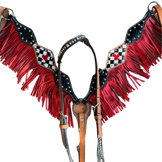 3F46- 2024 Vegas CLUB 2-1/2" Diamond breast collar w/ black gator, tooled ace with checkers, with SS spots, red metallic fringe WITH FREE MATCHING ONE EAR