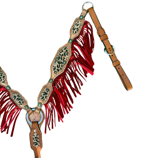 3F85-Copper Cheetah 2" breast collar golden leather with cooper crackle and cheetah overlay with fringe