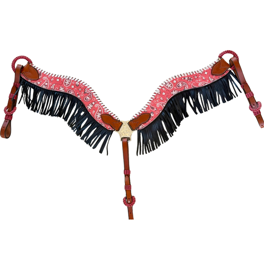 3017-BANDANA RED 2-1/2" Wave breast collar hand bandana tool and silver metallic whip-stitch