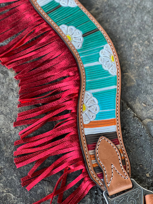 3F17-Serape Daisy 2-1/2" Wave breast collar golden leather Serape Daisy tooled w/ serape paint and fringe