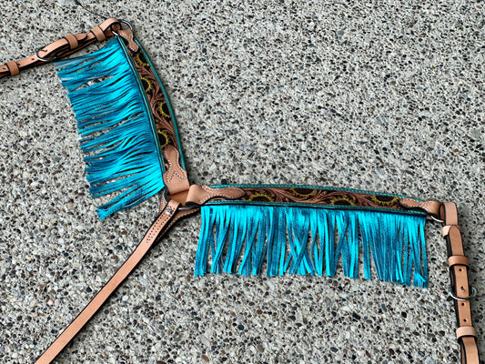 3F23-Turquoise Sunflower -3/4" Contour breast collar golden leather sunflower tooled with background paint & fringe