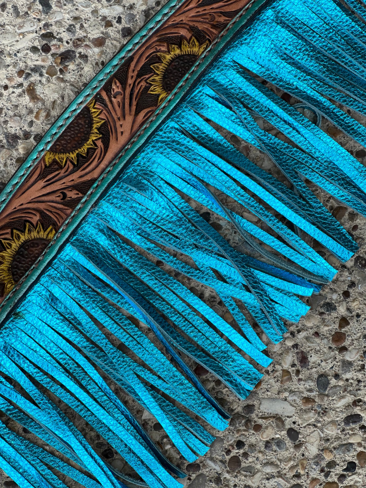 3F23-Turquoise Sunflower -3/4" Contour breast collar golden leather sunflower tooled with background paint & fringe