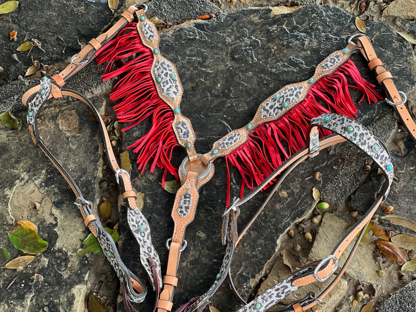 3F85-Copper Cheetah 2" breast collar golden leather with cooper crackle and cheetah overlay with fringe