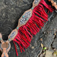 3F85-Copper Cheetah 2" breast collar golden leather with cooper crackle and cheetah overlay with fringe