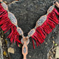 3F85-Copper Cheetah 2" breast collar golden leather with cooper crackle and cheetah overlay with fringe