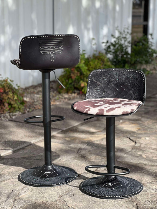 (STOCK) SET OF 2 ADJUSTABLE The Cowboy Saloon Bar Stools IN BLACK w/ Black Cowboy Stitch