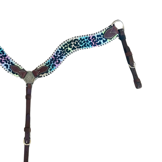 3017-Enchanted Cheetah 2-1/2" Wave breast collar hand cheetah tool with rainbow background paint and whip-stitch