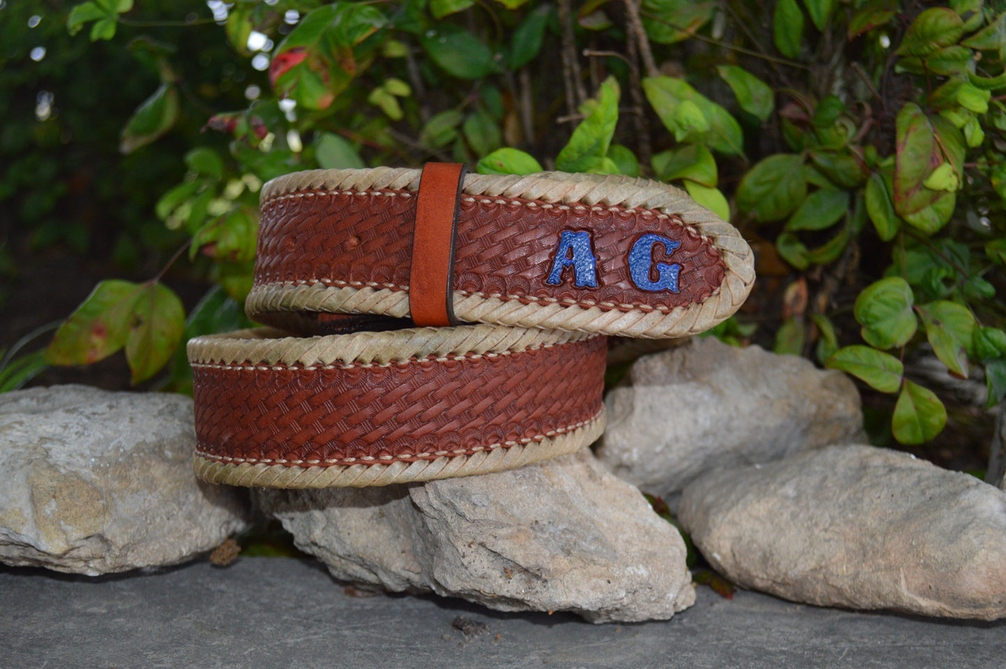 Hand Tooled Basket Weave Leather Belt | 1.5” Straight Western Belt with Rawhide Lacing | Custom Initial Belt