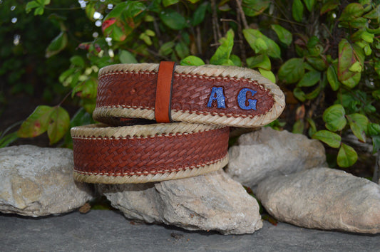Hand Tooled Basket Weave Leather Belt | 1.5” Straight Western Belt with Rawhide Lacing | Custom Initial Belt