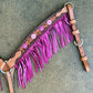 3F23-Malibu Barbie 1-3/4" Contour breast collar golden leather floral tooled with paint to the edge, ss spots, crystals and fringe.