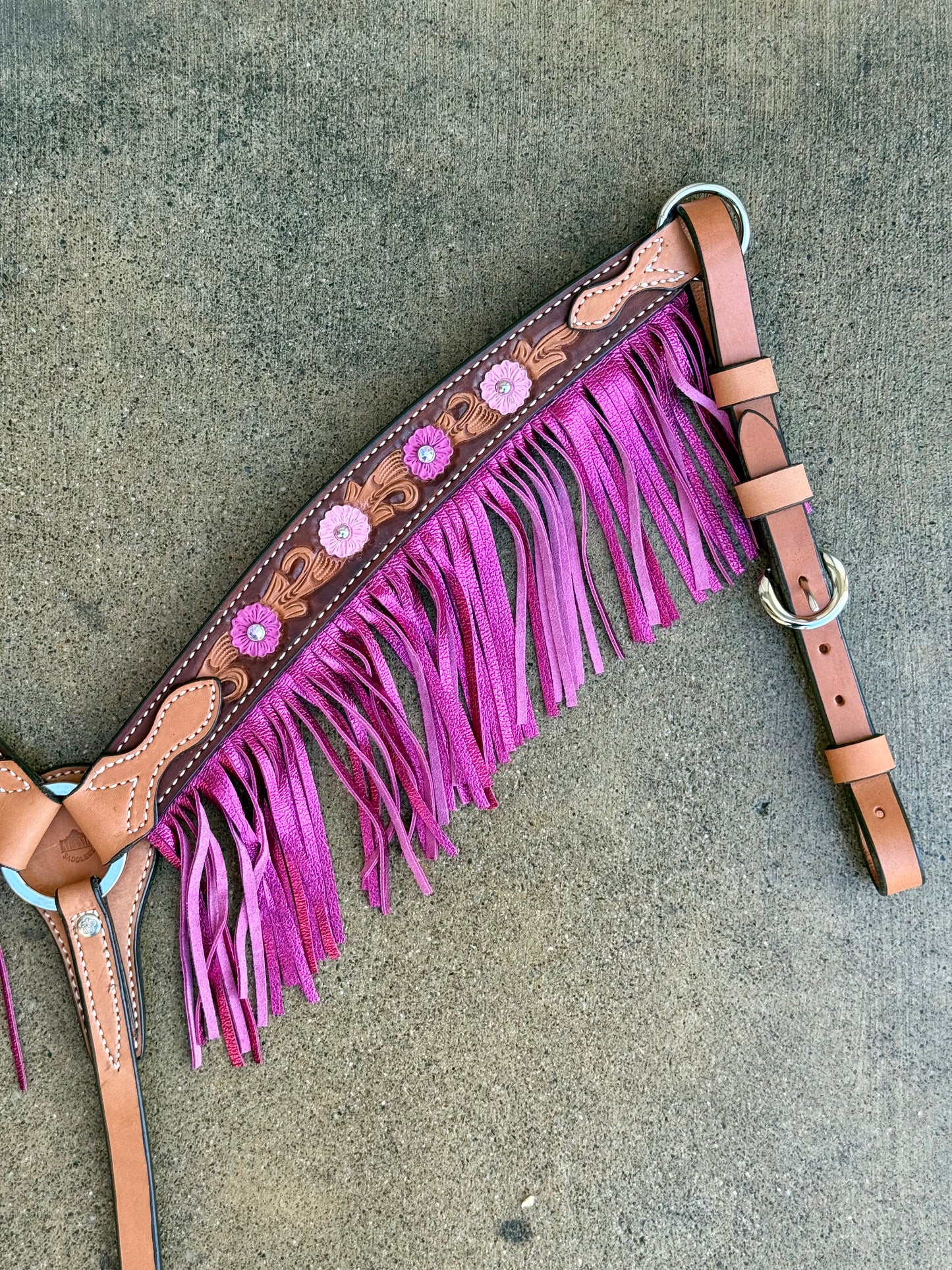 3F23-Malibu Barbie 1-3/4" Contour breast collar golden leather floral tooled with paint to the edge, ss spots, crystals and fringe.