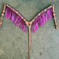 3F23-Malibu Barbie 1-3/4" Contour breast collar golden leather floral tooled with paint to the edge, ss spots, crystals and fringe.