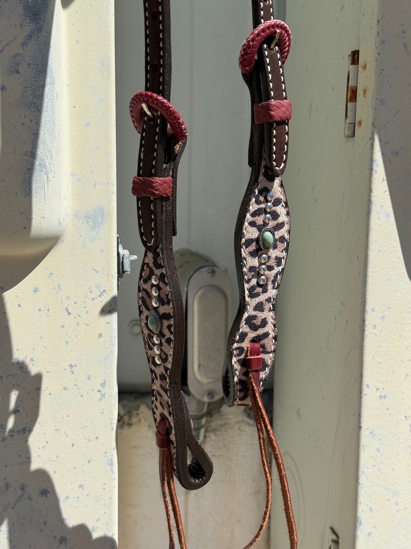 2074-CHEETAH 5/8" Wave one ear headstall rough out golden leather cheetah overlay with stones and spots