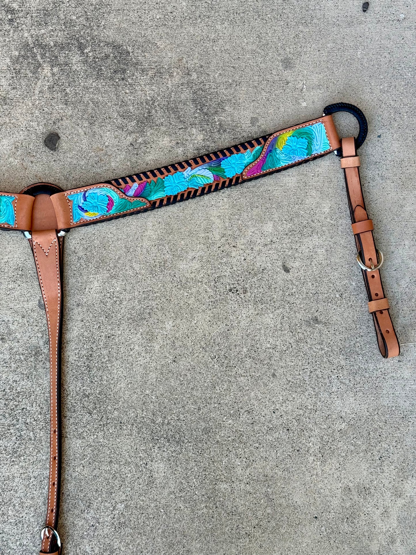 3012-Neon Cowgirl 2" Breast collar w/ neoncolors and floral tool, and black whip stitch braided d-rings