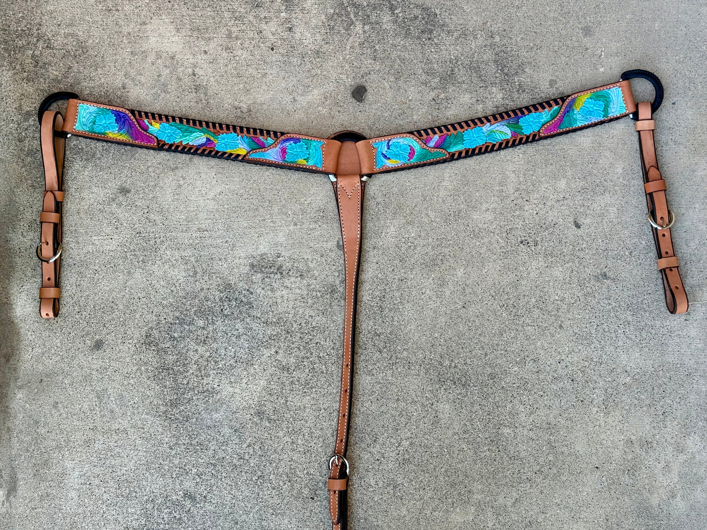 3012-Neon Cowgirl 2" Breast collar w/ neoncolors and floral tool, and black whip stitch braided d-rings