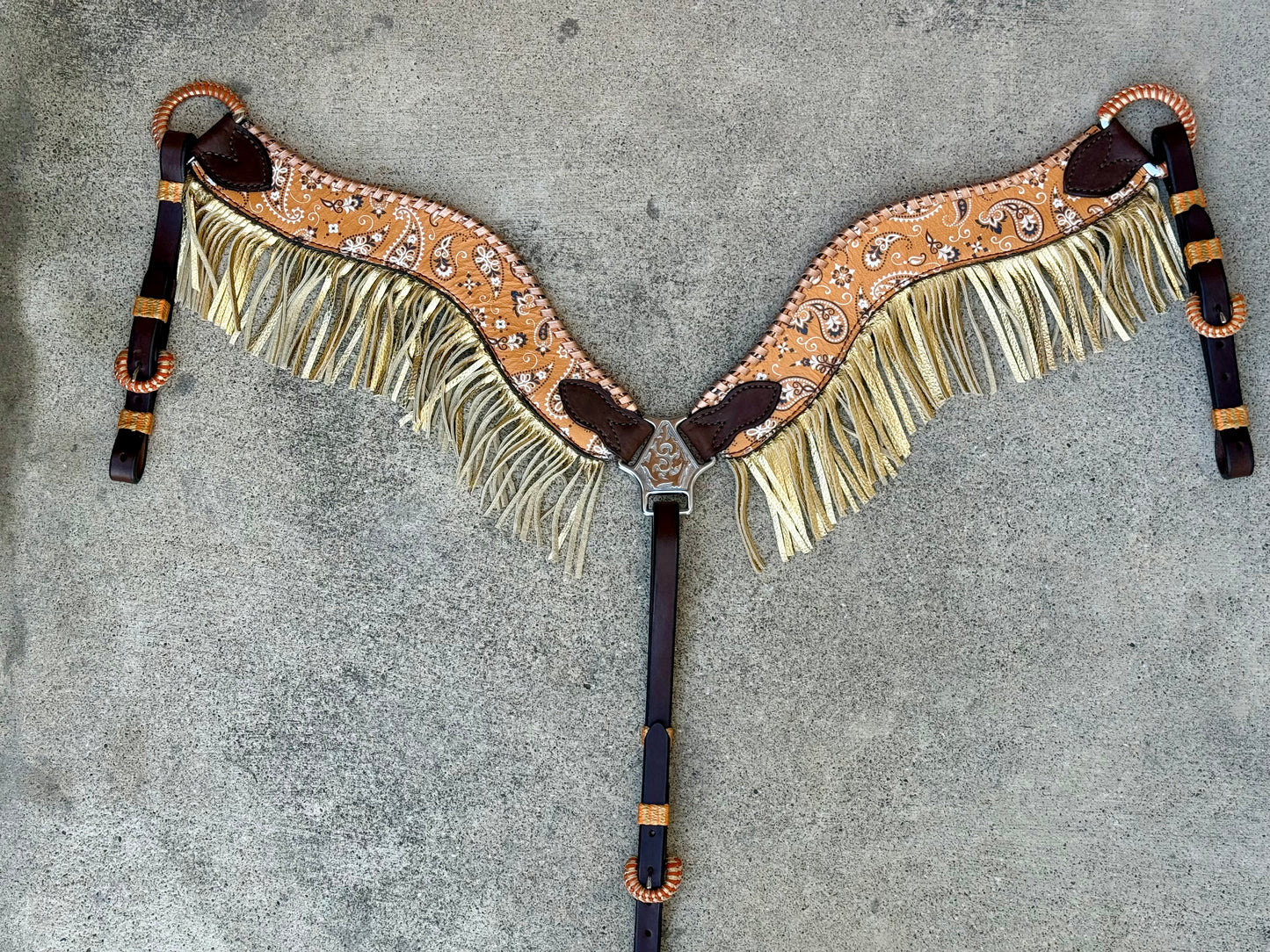 3017-BANDANA ORANGE 2-1/2" Wave breast collar hand bandana tool and silver metallic whip-stitch Fringe