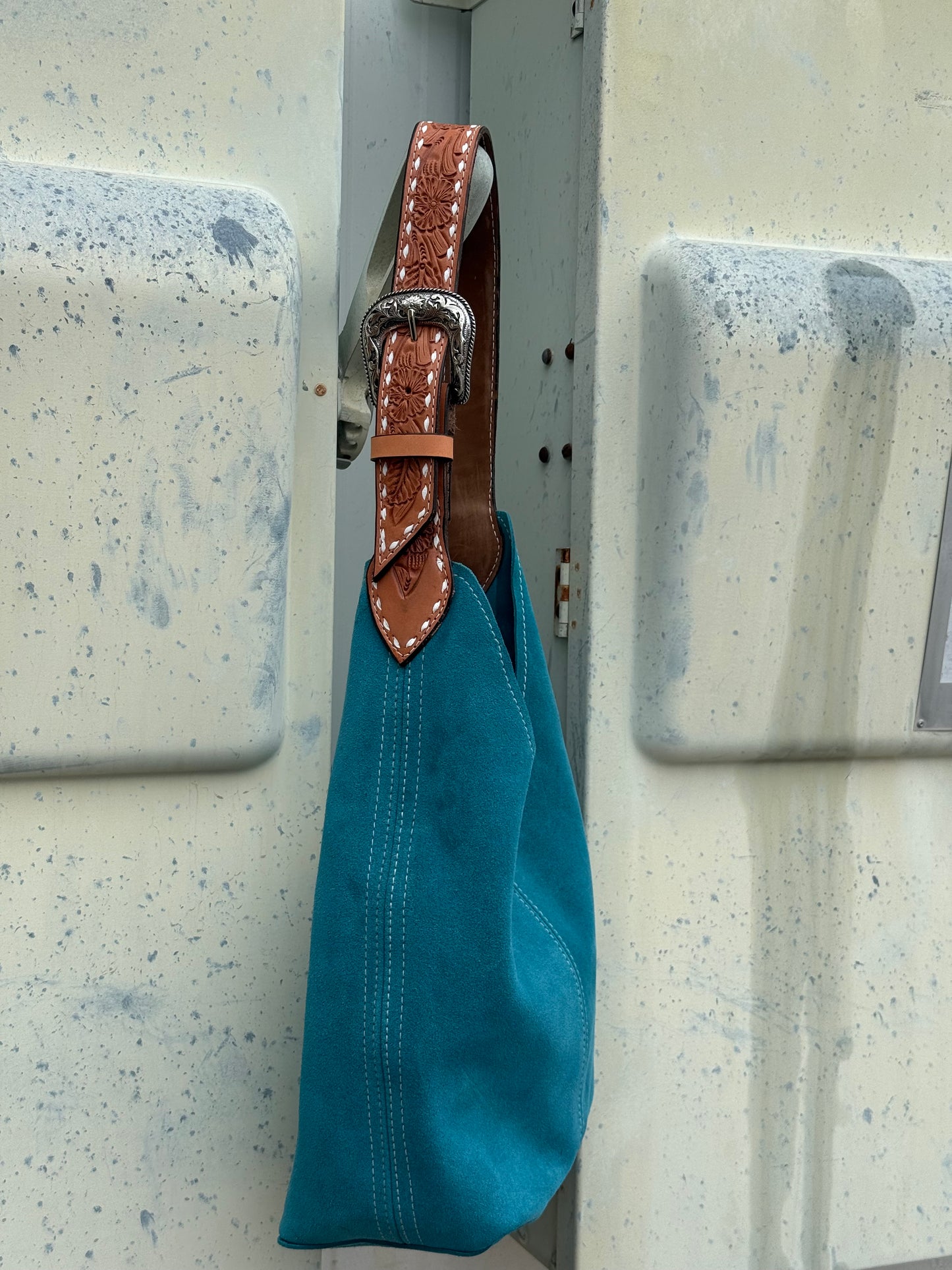 Darlin Duo - Teal With Floral tooled w/ White Buckstitch Strap