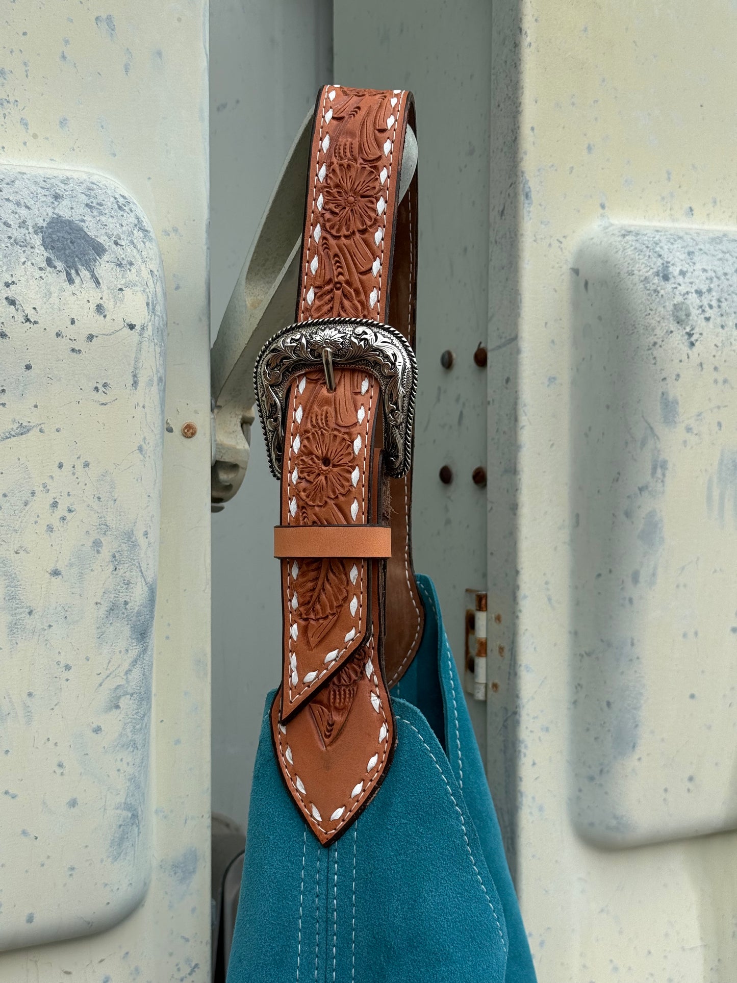 Darlin Duo - Teal With Floral tooled w/ White Buckstitch Strap